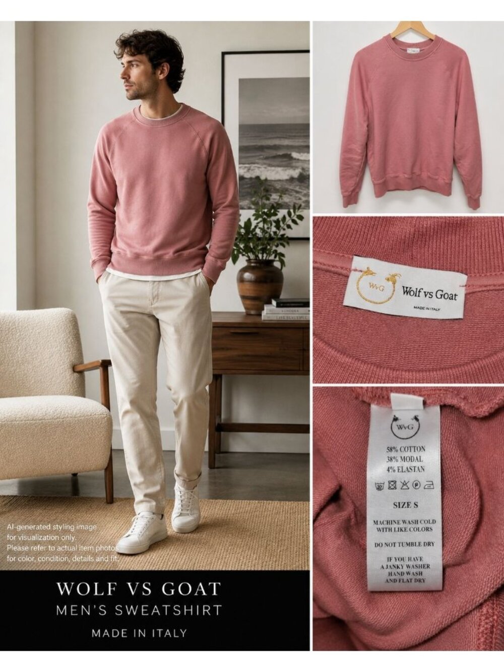 Wolf vs Goat Men’s Sweatshirt S Made in Italy Dusty Rose Cotton Modal Crewneck
